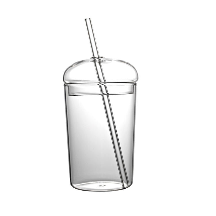 Glass Tumbler With Dome Lid And Straw, Heat Resistant Glass Water